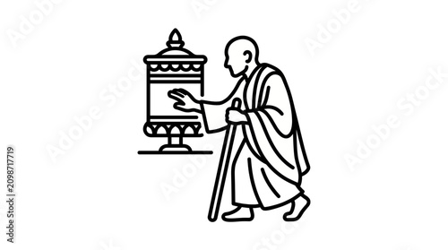 Cuadro en lienzo Pilgrim Spinning Tibetan Prayer Wheel Line Art Style Vector Illustration