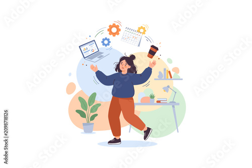 Woman juggling multiple tasks and responsibilities in a busy work environment