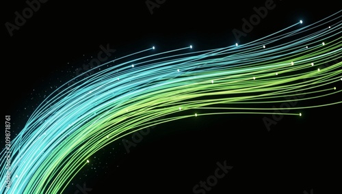Neon Light Trails Background with Blue Green Glow Effects and Futuristic Particle Energy Design
