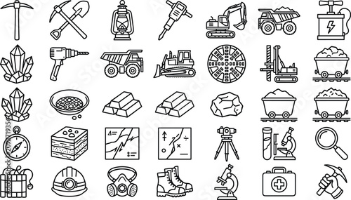 Fotografía Mining Industry and Coal Extraction Outline Icon Set Featuring Heavy Machinery G