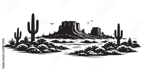Desert landscape silhouette, landscape vector illustration isolated on white background