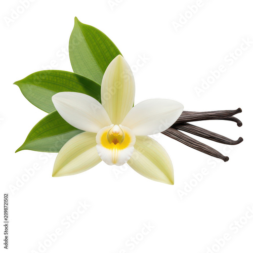 Fresh vanilla flower with green leaves and dried brown beans isolated on transparent background