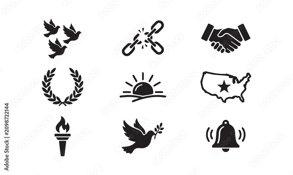 Fototapeta premium Collection Of Minimalist Vector Icons Representing American Freedom Peace And Liberty. 