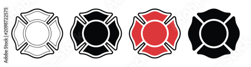 Maltese Cross Firefighter Icon Set Featuring Outline, Glyph Silhouette, and Red Emblem Design for Rescue, Safety and Emergency Response.