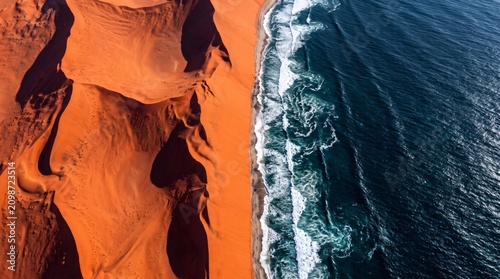 Aerial Coastline Landscape with Orange Sand Dunes, Ocean Waves and Rugged Natural Terrain