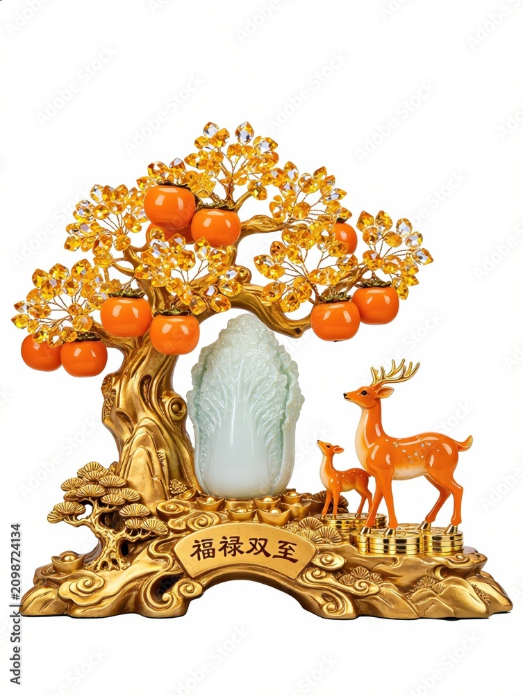 Fototapeta premium Luxury oriental prosperity sculpture features an elegant golden fortune tree with amber crystal leaves, orange persimmons jade cabbage golden deer standing on polished gold coins white background