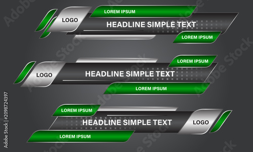 Broadcast News Lower Thirds Template layout black green set collection design banner for bar Headline news title, sport game in Television, Video and Media Channel vector