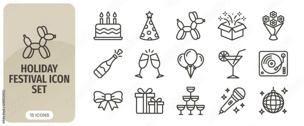 Fototapeta premium Holiday festival icon set, party celebration elements, birthday and event symbols, vector line art collection