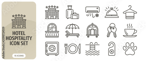 Foto Hotel and hospitality icon set, thin line style, vector illustration of hotel se
