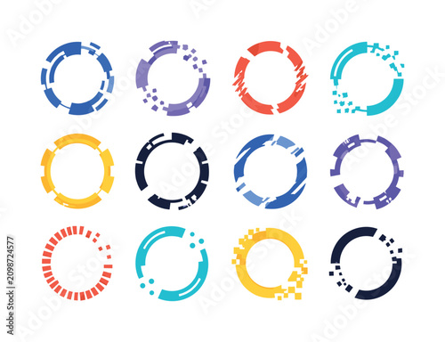 Digital Broken Rings, bright flat vector icon set, create 12 colorful isolated object icons of broken circle frames, digital ring effects, pixel halos, futuristic round frames, game interface circles,