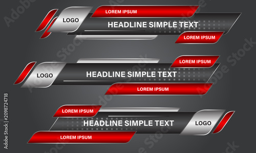 Broadcast News Lower Thirds Template layout black red set collection design banner for bar Headline news title, sport game in Television, Video and Media Channel vector