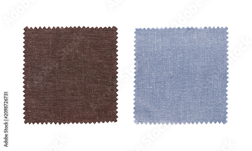 Brown and blue textile fabric swatches with zig zag edges, linen material samples PNG