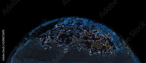 soap bubble on black background, view of Earth at night, featuring glowing city lights against a dark landscape