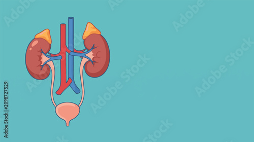 Schilderij op canvas Human kidney anatomy vector illustration with adrenal glands, ureters, urinary bladder, renal arteries and veins, urinary system medical diagram isolated on blue background