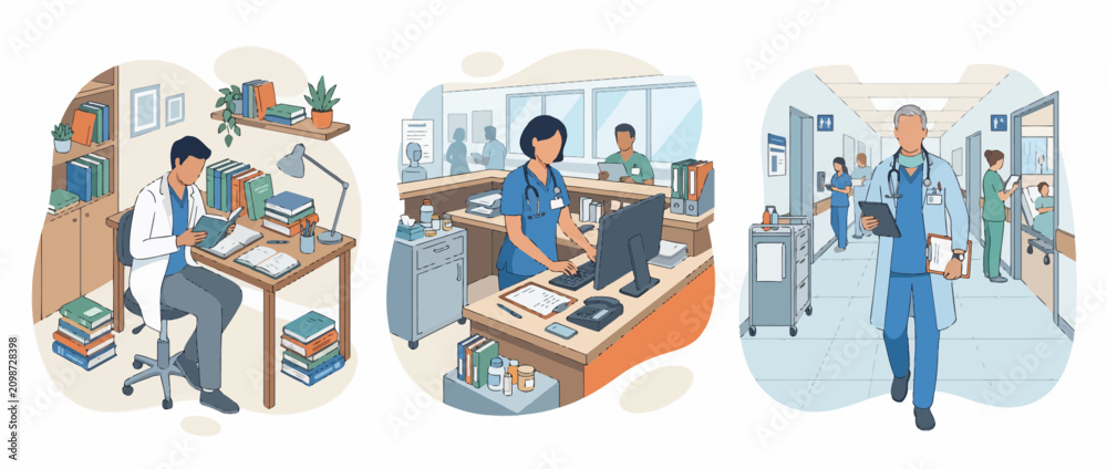 Fototapeta premium Medical career path stages from studying to professional hospital work