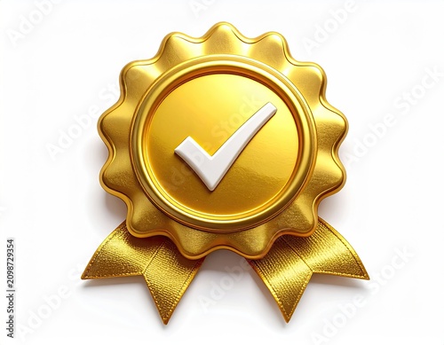 Golden Quality Seal Award with Check Mark and Ribbons.