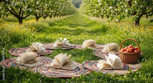 Books Arranged in a Circle Amidst a Lush Garden Pathway