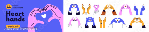 Hands making heart gesture set. Fingers show love, like symbol for support, c...