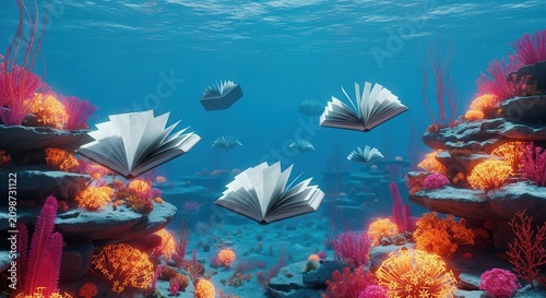 Books Floating Creatively in a Vibrant Underwater Coral Scene