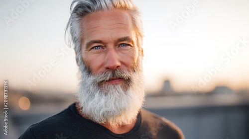 Portrait of a confident older man with a beard, smiling against a sunset backdrop, exuding experience and wisdom.