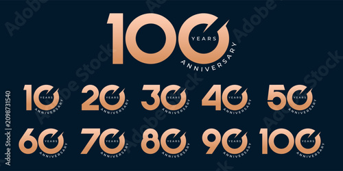 Set of modern vector logo designs for 10th to 100th anniversary, in gold color for celebrations, weddings and birthdays	
