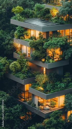 Modern building with abundant greenery on terraces and rooftop, solar panels, surrounded by lush forest, warm interior light.