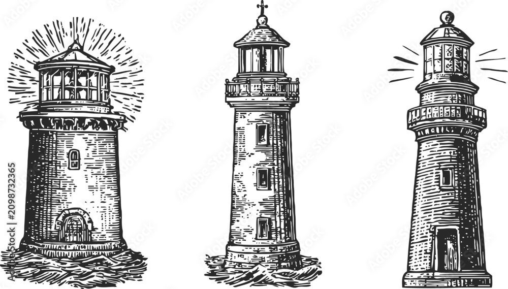 Obraz premium Vintage lighthouse engraving set hand drawn maritime nautical towers with beams and waves