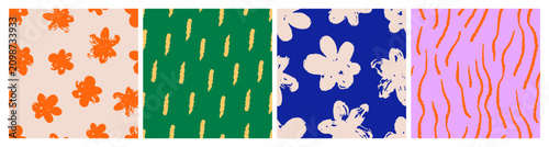 Abstract seamless patterns set in modern style. Hand-drawn painted background...