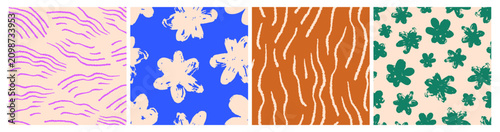 Hand-drawn flowers, abstract line brushstrokes, seamless patterns set in mode...