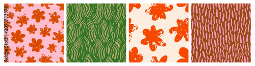 Abstract seamless patterns set with wavy lines, shapes, brushstrokes, floral ...