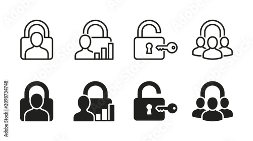 Personal and group data security icon set featuring user locks, statistics privacy, key access and team protection