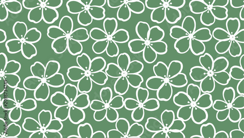 Seamless repeating pattern of hand drawn white flowers on sage green background with seamless