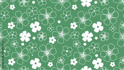 Minimalist white flower outline seamless pattern on green field with seamless botanical background