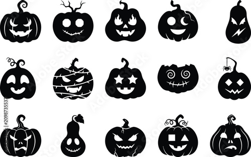 Black silhouette halloween pumpkin collection for seasonal decorations and spooky event branding