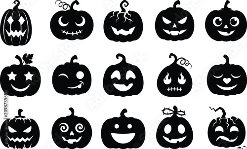 Black silhouette halloween pumpkin collection for seasonal decorations and spooky event branding