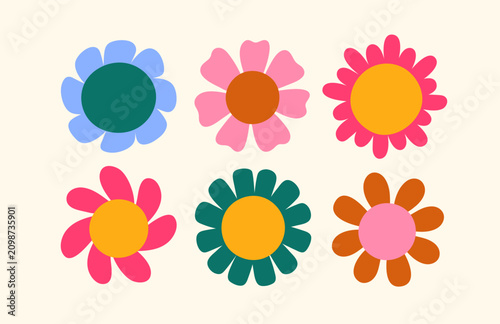 Groovy daisy flower blooms with colored petals, top view. Simple floral bloss...