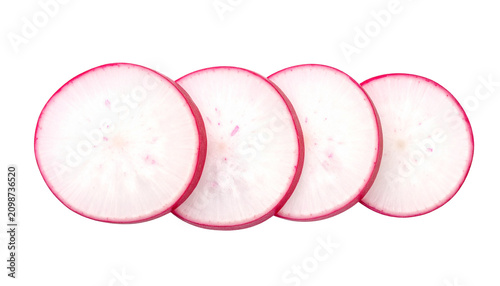 Fresh radish slices isolated on transparent background, organic red radish rounds for food styling, crisp vegetable slices for healthy cooking concepts isolated on solid white background2