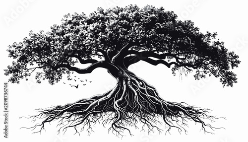 Billede på lærred Tree with Exposed Roots Illustration.