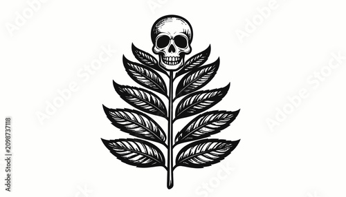 Foto Skull on a leafy green plant.