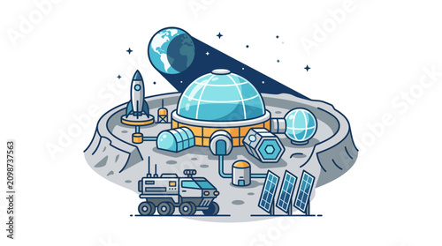 Bild auf Leinwand Vibrant illustration of a lunar colony with Earth in the background, featuring a rocket, rover, and dome structures