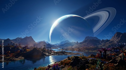 A beautiful otherworldly scenery featuring glowing blue lakes and jagged mountains under a ringed cosmic planet.