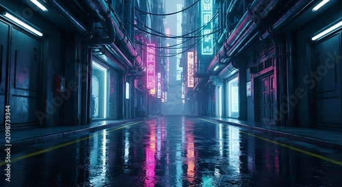 Wet empty street corridor inside a futuristic cyberpunk city downtown with glowing neon illumination
