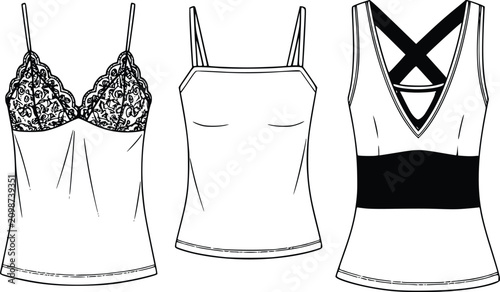 Brassiere Lingerie Sketch Set Showing Lace Bra Cups and Camisole Straps for Fashion Design Templates and Garment Illustration