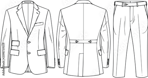 Suit Jacket, Blazer and Trousers Fashion Sketch Set with Sharp Tailoring Lines for Menswear Style Design Concept