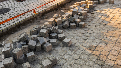 Bild auf Leinwand Granite paving stones prepared for street reconstruction and road repair