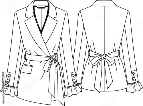 Blazer Jacket Fashion Illustration Pair with Bow Belts, Ruffle Cuffs, and Tailored Lapel Styling Featuring Long Sleeve Garment, Button Cuff Accents
