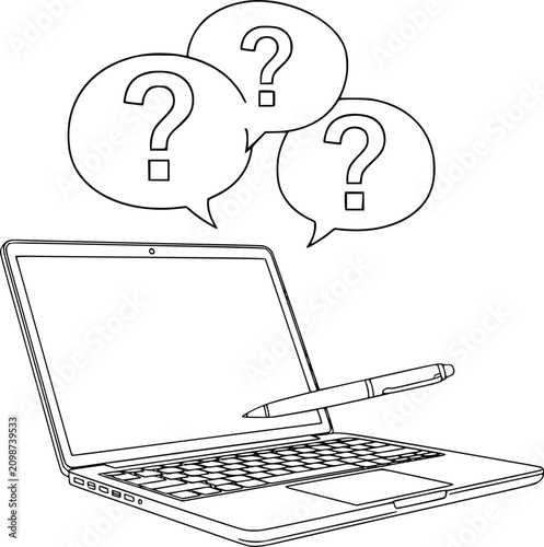 Question Mark Speech Bubbles Above Open Laptop with Blank Screen and Pencil for Faq or Helpdesk Concept