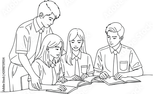 Group of Professionals Studying Documents Together in a Collaborative Work Environment Featuring Teamwork Illustration, Business Meeting Concept