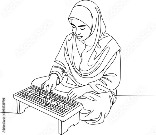 Woman Using a Laptop Keyboard in Line Art Style for Remote Work and Online Learning Concept Featuring Monochrome Sketch Illustration, Vector Design