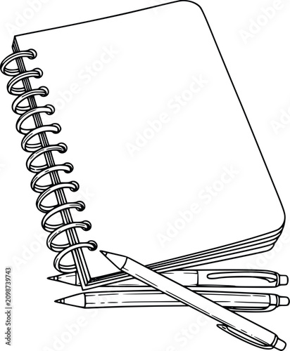Notebook Icon with Coiled Binding and School Stationery Pencils, Sketch Style Outline Drawing for Education Concepts